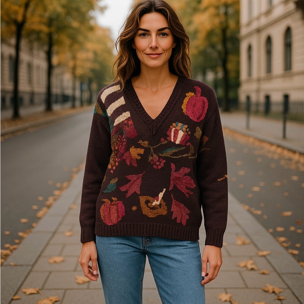 VTG CHU Hand Knit Floral Womens Medium Sweater Grandmacore‎ Garden Fall Artsy